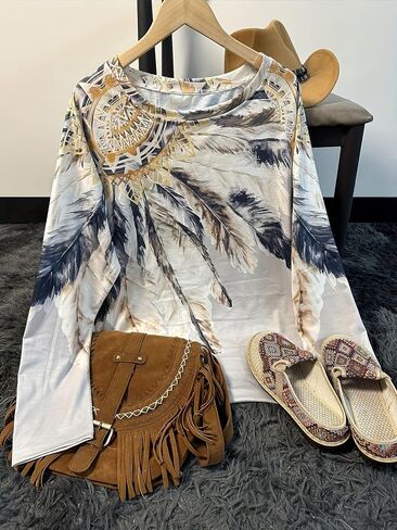 Women Aztec Shirts Vintage Geometric Print Crewneck Casual Long Sleeve Ethnic Western Graphic Loose Tee Top for Lady Fashion in Saudi Arabia