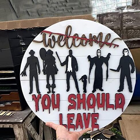 Halloween Horror Welcome Sign for Front Door, Welcome You Should Leave Sign, Horror Movie Characters Door Hanger, Halloween Door Sign Scary Halloween Decorations Wreath for Farmhouse Porch Wall Decor in Kuwait