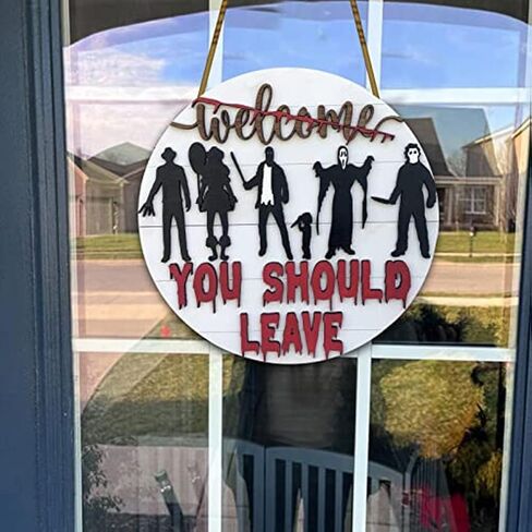 Halloween Horror Welcome Sign for Front Door, Welcome You Should Leave Sign, Horror Movie Characters Door Hanger, Halloween Door Sign Scary Halloween Decorations Wreath for Farmhouse Porch Wall Decor in Kuwait