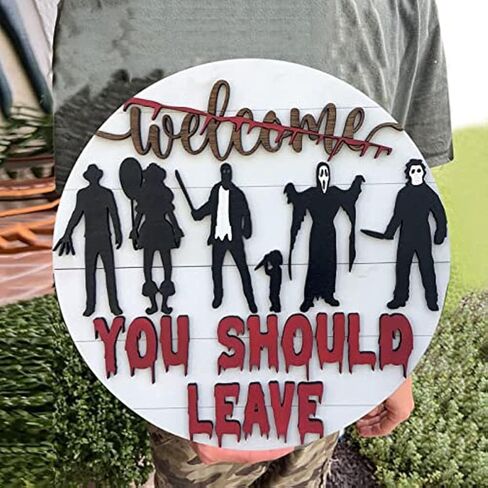 Halloween Horror Welcome Sign for Front Door, Welcome You Should Leave Sign, Horror Movie Characters Door Hanger, Halloween Door Sign Scary Halloween Decorations Wreath for Farmhouse Porch Wall Decor in Kuwait