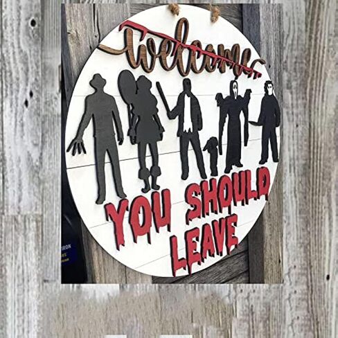 Halloween Horror Welcome Sign for Front Door, Welcome You Should Leave Sign, Horror Movie Characters Door Hanger, Halloween Door Sign Scary Halloween Decorations Wreath for Farmhouse Porch Wall Decor in Kuwait