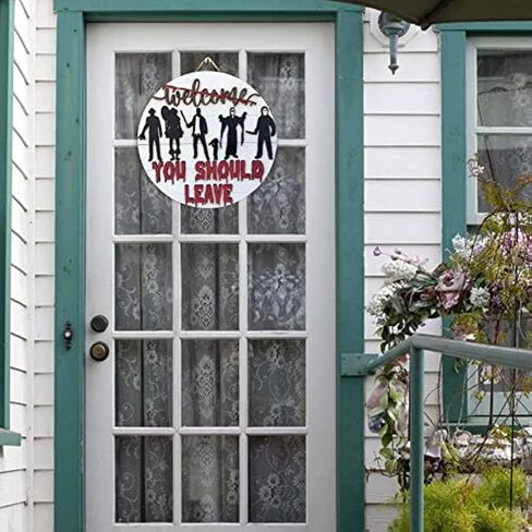 Halloween Horror Welcome Sign for Front Door, Welcome You Should Leave Sign, Horror Movie Characters Door Hanger, Halloween Door Sign Scary Halloween Decorations Wreath for Farmhouse Porch Wall Decor in Kuwait