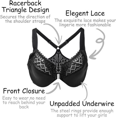 Women's Front Closure Racerback Bra Underwire Full Coverage Unpadded Lace Everyday Bra Plus Size for Large Bust in Kuwait