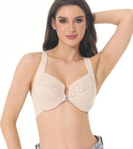 حمالة صدر نسائية ذات إغلاق أمامي بظهر راسر وتغطية كاملة من الدانتيل مبطنة للاستخدام اليومي مقاس كبير للتمثال النصفي الكبير in Kuwait