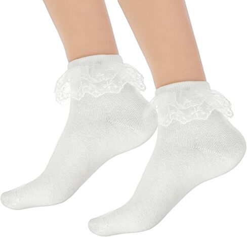 1 Pair Ankle Ruffle Socks, Cotton Soft Breathable Frilly Socks, Cute Princess Double Layer Lace Ruffle Sock for Women Girl (White) in Saudi Arabia