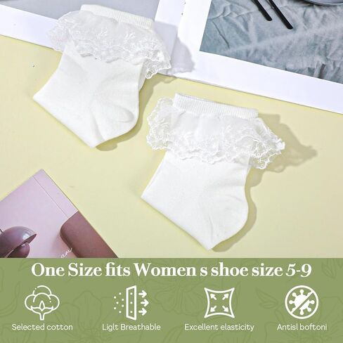 1 Pair Ankle Ruffle Socks, Cotton Soft Breathable Frilly Socks, Cute Princess Double Layer Lace Ruffle Sock for Women Girl (White) in Saudi Arabia