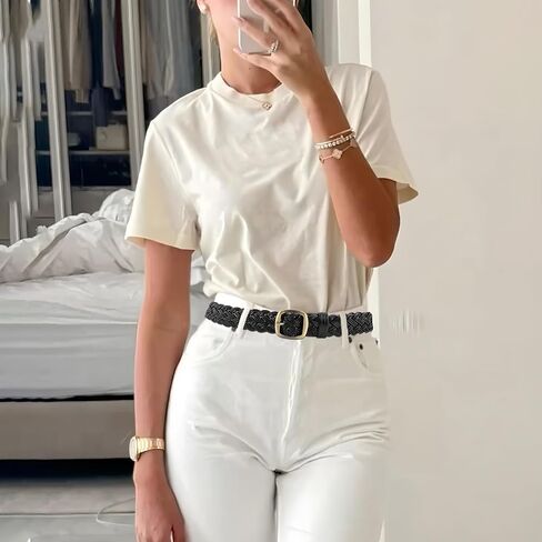 Skinny 3CM Wide Braided Leather Belt for Women, Hand-Woven Design with Gold Buckle in Kuwait