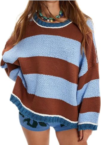 Women's Fall Long Sleeve Sweaters Striped Color Block Chunky Knit Crew Neck Oversized Loose Pullover Sweater in Saudi Arabia
