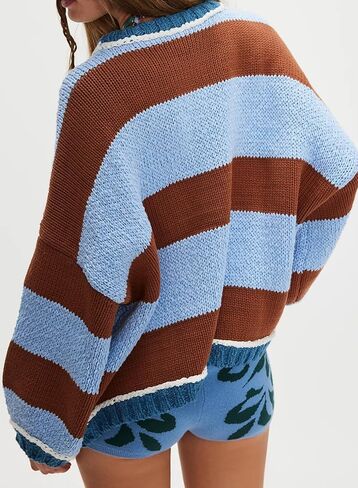 Women's Fall Long Sleeve Sweaters Striped Color Block Chunky Knit Crew Neck Oversized Loose Pullover Sweater in Saudi Arabia
