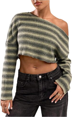 Women's Striped Asymmetrical Crop Tops Long Sleeve Knit Music Festival Cropped Sweaters in Saudi Arabia