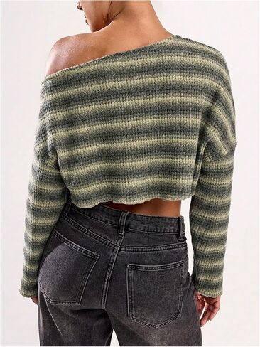 Women's Striped Asymmetrical Crop Tops Long Sleeve Knit Music Festival Cropped Sweaters in Saudi Arabia