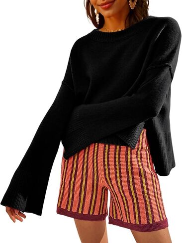 Sweaters for Women Bell Long Sleeve Crewneck Side Slit Fall Winter Casual Oversized Pullover Knit Sweater Top in Saudi Arabia
