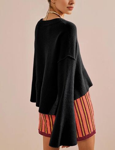 Sweaters for Women Bell Long Sleeve Crewneck Side Slit Fall Winter Casual Oversized Pullover Knit Sweater Top in Saudi Arabia