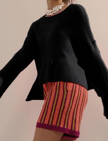 Sweaters for Women Bell Long Sleeve Crewneck Side Slit Fall Winter Casual Oversized Pullover Knit Sweater Top in Saudi Arabia