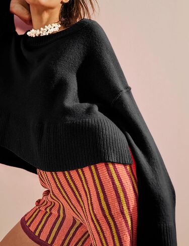 Sweaters for Women Bell Long Sleeve Crewneck Side Slit Fall Winter Casual Oversized Pullover Knit Sweater Top in Saudi Arabia