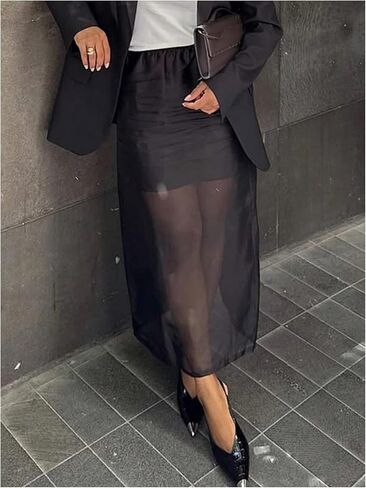 تنورة طويلة شبكية للسيدات من GORGLITTER بفتحة خلفية وخصر عالٍ، تنانير طويلة أنيقة، ملابس كاجوال للعمل in Kuwait