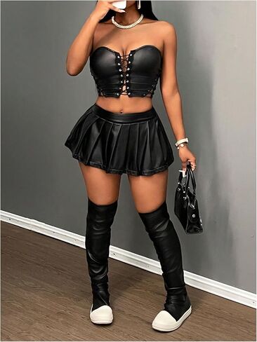 تنورة نسائية صغيرة من الجلد الصناعي بمقاس كبير من MakeMeChic ذات ثنيات واسعة على شكل حرف A in Kuwait