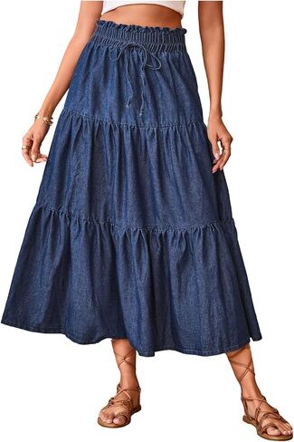 تنورة Verdusa النسائية ذات ربطة عنق بطبقات وكشكشة متوسطة الطول من قماش الدنيم، تنورة طويلة من الجينز بخصر ورقي in Kuwait