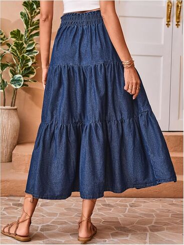 تنورة Verdusa النسائية ذات ربطة عنق بطبقات وكشكشة متوسطة الطول من قماش الدنيم، تنورة طويلة من الجينز بخصر ورقي in Kuwait