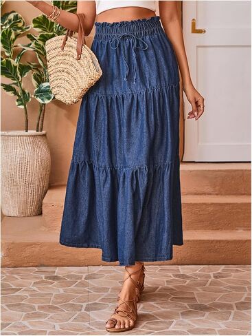 تنورة Verdusa النسائية ذات ربطة عنق بطبقات وكشكشة متوسطة الطول من قماش الدنيم، تنورة طويلة من الجينز بخصر ورقي in Kuwait