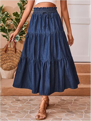 تنورة Verdusa النسائية ذات ربطة عنق بطبقات وكشكشة متوسطة الطول من قماش الدنيم، تنورة طويلة من الجينز بخصر ورقي in Kuwait