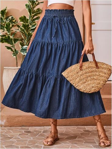 تنورة Verdusa النسائية ذات ربطة عنق بطبقات وكشكشة متوسطة الطول من قماش الدنيم، تنورة طويلة من الجينز بخصر ورقي in Kuwait