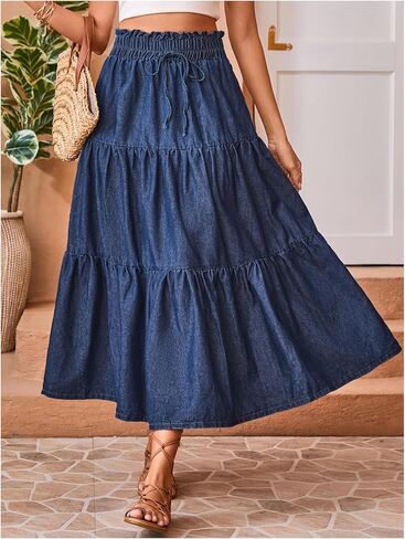 تنورة Verdusa النسائية ذات ربطة عنق بطبقات وكشكشة متوسطة الطول من قماش الدنيم، تنورة طويلة من الجينز بخصر ورقي in Kuwait