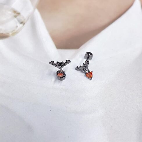 Punk 20g Bat Red Heart Charm Screw Flat Back Small Stud Earrings for Women Unique Stainless Steel Black Animal Cartilage Tragus Piercing Studs Hypoallergenic Fashion Jewelry Halloween Party Gift in Saudi Arabia