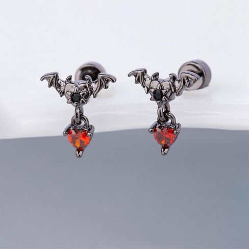 Punk 20g Bat Red Heart Charm Screw Flat Back Small Stud Earrings for Women Unique Stainless Steel Black Animal Cartilage Tragus Piercing Studs Hypoallergenic Fashion Jewelry Halloween Party Gift in Saudi Arabia