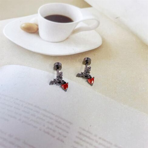 Punk 20g Bat Red Heart Charm Screw Flat Back Small Stud Earrings for Women Unique Stainless Steel Black Animal Cartilage Tragus Piercing Studs Hypoallergenic Fashion Jewelry Halloween Party Gift in Saudi Arabia