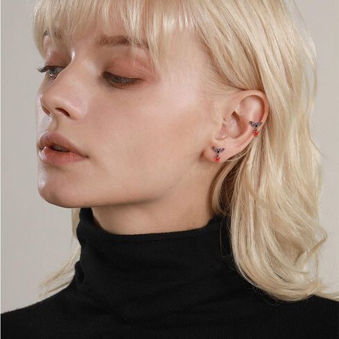 Punk 20g Bat Red Heart Charm Screw Flat Back Small Stud Earrings for Women Unique Stainless Steel Black Animal Cartilage Tragus Piercing Studs Hypoallergenic Fashion Jewelry Halloween Party Gift in Saudi Arabia