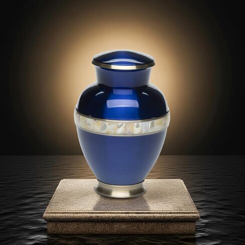 Adult Cremation Urn for Human Ashes - Sapphire Blue Brass Cremation Urn with Mother of Pearl Band - Adult Size - Sapphire Blue - 200 cu. in. in Saudi Arabia