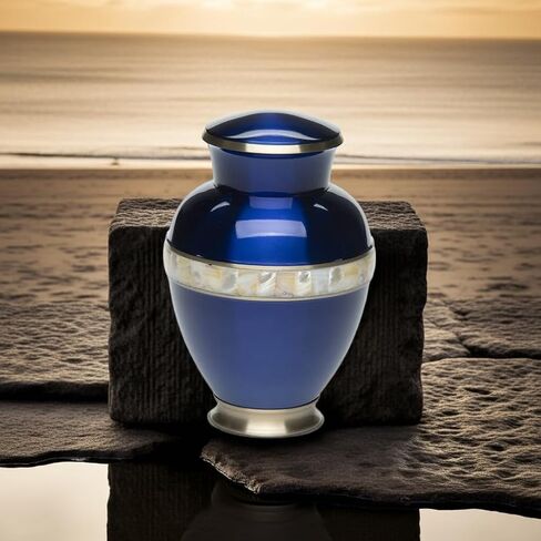 Adult Cremation Urn for Human Ashes - Sapphire Blue Brass Cremation Urn with Mother of Pearl Band - Adult Size - Sapphire Blue - 200 cu. in. in Saudi Arabia
