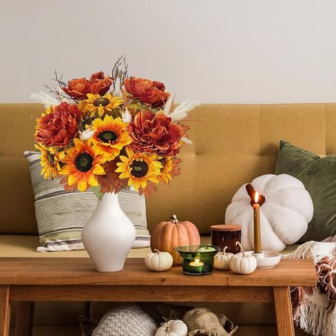2 Bundles Fall Cemetery Flowers for Grave Fake Fall Flowers Mixed Bush Artificial Dahlia with Pumpkins Silk Floral Arrangement for Autumn Party Wedding Home Thanksgiving Decor (19.29") in Saudi Arabia