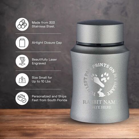 Customized Small Keepsake Rabbit Urn Personalized Engraved with Rabbit Name and Text - 4" Powder Coated Steel Cremation Mini Compact Urn for Pet Ashes, Gray, 5–10 lb Capacity | Rabbit Paw Print in Saudi Arabia