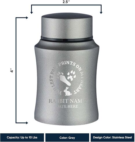 Customized Small Keepsake Rabbit Urn Personalized Engraved with Rabbit Name and Text - 4" Powder Coated Steel Cremation Mini Compact Urn for Pet Ashes, Gray, 5–10 lb Capacity | Rabbit Paw Print in Saudi Arabia