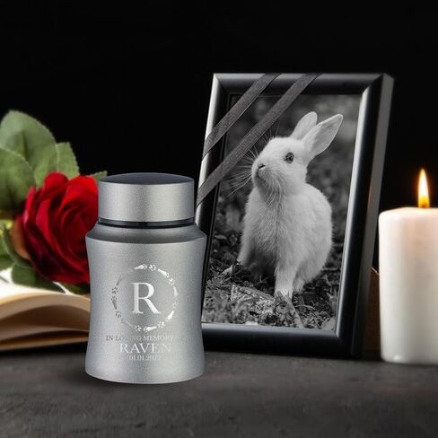 Customized Small Keepsake Rabbit Urn Personalized Engraved with Rabbit Name and Text - 4" Powder Coated Steel Cremation Mini Compact Urn for Pet Ashes, Gray, 5–10 lb Capacity | Rabbit Paw Print in Saudi Arabia