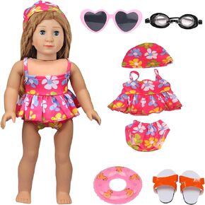 18 Inch Doll Swimsuit Playset, Dorable Doll Summer Dress Playset for 18 Girl Dolls, Includes Doll Bikini Swimsuits, Lovely Sunglasses, Goggles, Sandals and Water Inflatable Ring