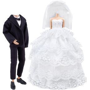 E-TING Wedding Set Beautiful Gown White Bride Dress Clothes with Veil and Groom Business Suit Outfit for Boy Girl Dolls（Doll Not Included）