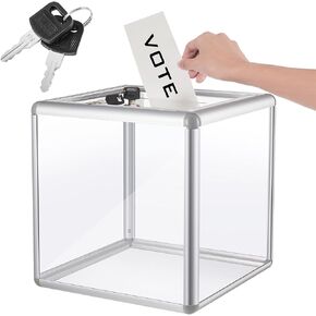 Acrylic Donation Box Reinforcement Large Ballot Container with Slot Raffle Suggestion box with Lock Cash Storage Container for Fundraising Voting Charity Contest Tip(10 x 10 x 10 In,Clear)