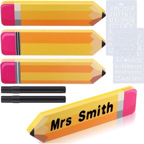 3 Pcs Personalized Pencil Desk Name Plate with 2 Markers and 2 Letter Template Teacher Desk Name Plate for Kids Christmas End of Year Last or First Day Gifts School Desk School Office Supplies