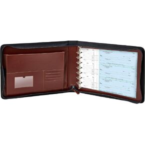 GALLAWAY LEATHER 7 Ring Checkbook Binder for Business Checks, PU Leather Check Binder Portfolio with Zipper,600 Checks Capacity,for Executive and Personal Use (Black)
