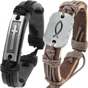 Cross and Sign of The Fish Men's Leather Wrap Bracelets for Men or Teen Boys, Christian Easter Gifts