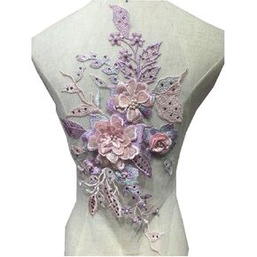 Multicolor 3D Diamond Embroidery Beading Lace Applique Patch Dress Children's Costumes Wedding DIY Decorative (Pink+Purple)