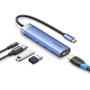 VENTION USB C Hub, 5 in 1 USB C Dock with 100W PD, 4K HDMI, 3 USB-A 5Gbps Data Ports, Aluminum USB C Multiport Adapter for MacBook Pro, MacBook Air, iPad Pro, iPhone 15 Pro, XPS, Surface, Thinkpad