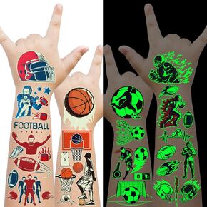 EMOME 30 Sheets Glow Sports Tattoos Temporary for Kids, Temporary Tattoos Kids for Party Favors Decorations Supplies, Sports Tattoos for Birthday Party Activities for Kids