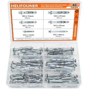 Hollow Wall Anchor Screws Set, 6 Sizes Heavy Duty Zinc Plated Steel Molly Bolt Hollow Drive Wall Anchor Screws Assortment Kit for Drywall, Plaster and Tile, 48 PCS