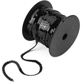 100 Yards 6mm Metallic Shiny Trim Sewing String Spangle Flat Round Sequins Sewing Paillette String in Roll for Wedding Craft（Black）