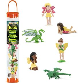 Safari Ltd. Fairies & Dragons Designer TOOB - تماثيل لعبة مفصلة تتضمن أربع جنيات ودودة وتنينين صغيرين - لعبة لعب ممتعة للأولاد والبنات والأطفال من سن 3 سنوات فما فوق