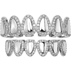 JINAO Hip Hop Grillz Iced Out Cubic Zirconia Top and Bottom Mouth Grills for Your Teeth 14K Gold Plated Grill Set for Men Women